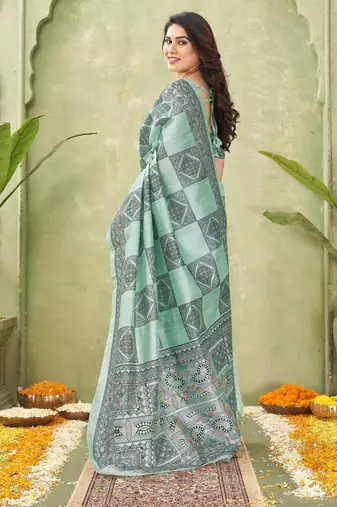 sea green silk blend fabric madhubani printed graceful ethnic partywear saree