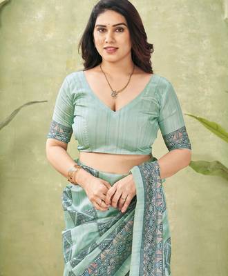 sea green silk blend fabric madhubani printed graceful ethnic partywear saree 4