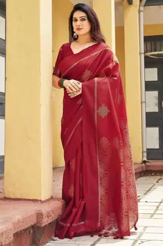 red khadi silk blend fabric woven paithani pallu designer girlie trendy saree