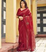 red khadi silk blend fabric woven paithani pallu designer girlie trendy saree