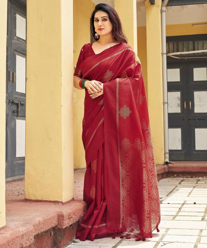 red khadi silk blend fabric woven paithani pallu designer girlie trendy saree
