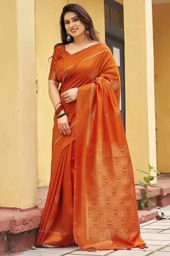 orange khadi silk blend fabric woven paithani pallu designer girlie trendy saree