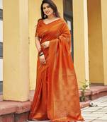 orange khadi silk blend fabric woven paithani pallu designer girlie trendy saree