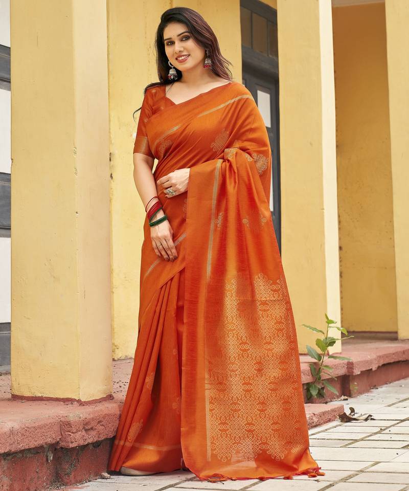 orange khadi silk blend fabric woven paithani pallu designer girlie trendy saree