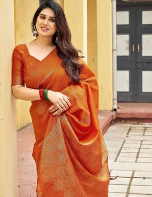 orange khadi silk blend fabric woven paithani pallu designer girlie trendy saree 2