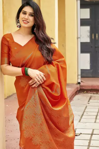 orange khadi silk blend fabric woven paithani pallu designer girlie trendy saree