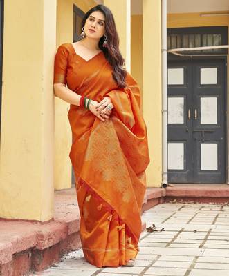 orange khadi silk blend fabric woven paithani pallu designer girlie trendy saree 3