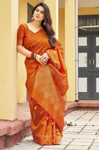 orange khadi silk blend fabric woven paithani pallu designer girlie trendy saree