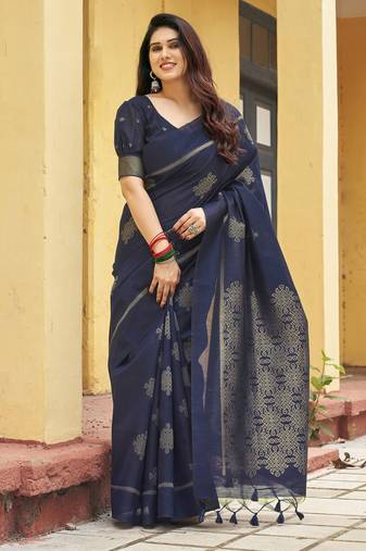 navy blue khadi silk blend fabric woven paithani pallu designer girlie trendy saree
