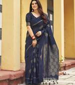 navy blue khadi silk blend fabric woven paithani pallu designer girlie trendy saree