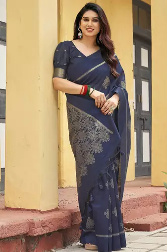 navy blue khadi silk blend fabric woven paithani pallu designer girlie trendy saree