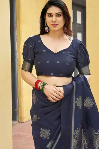navy blue khadi silk blend fabric woven paithani pallu designer girlie trendy saree