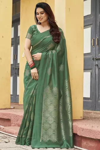 green khadi silk blend fabric woven paithani pallu designer girlie trendy saree