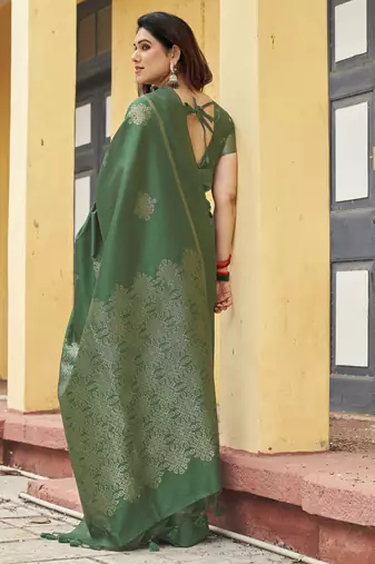 green khadi silk blend fabric woven paithani pallu designer girlie trendy saree