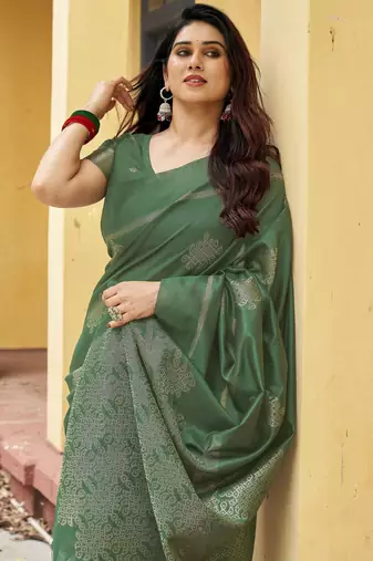 green khadi silk blend fabric woven paithani pallu designer girlie trendy saree