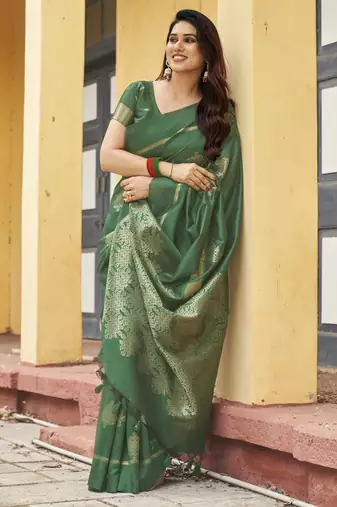 green khadi silk blend fabric woven paithani pallu designer girlie trendy saree