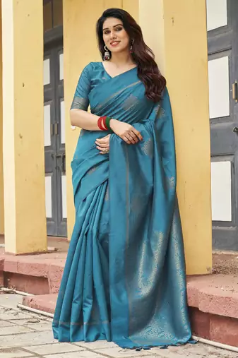 firozi khadi silk blend fabric woven paithani pallu designer girlie trendy saree