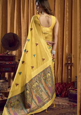 yellow woven katha designer khadi cotton blend fabric graceful festive special saree 3
