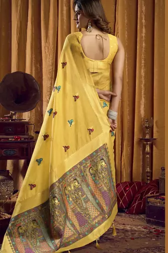 yellow woven katha designer khadi cotton blend fabric graceful festive special saree