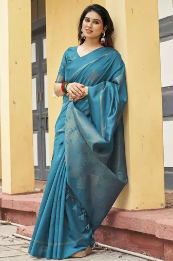 firozi khadi silk blend fabric woven paithani pallu designer girlie trendy saree