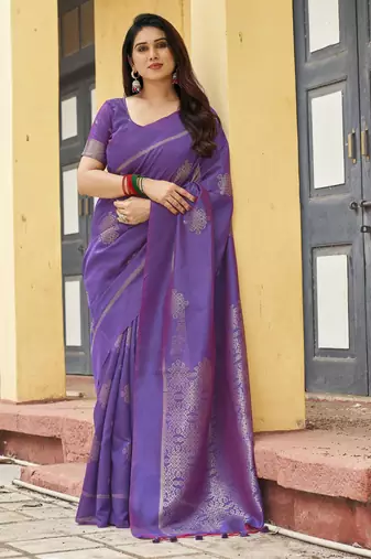 purple khadi silk blend fabric woven paithani pallu designer girlie trendy saree