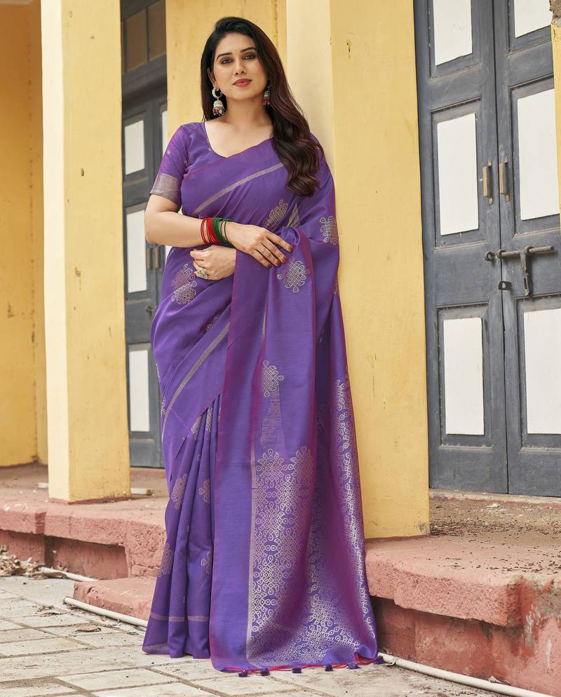 purple khadi silk blend fabric woven paithani pallu designer girlie trendy saree