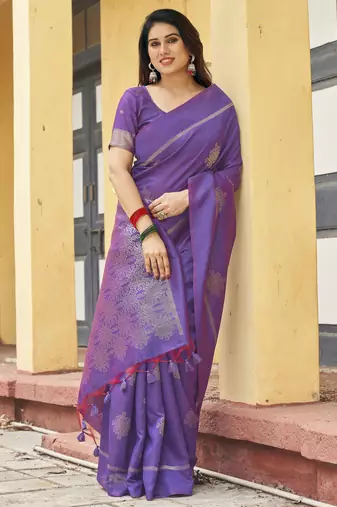 purple khadi silk blend fabric woven paithani pallu designer girlie trendy saree