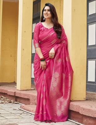 pink khadi silk blend fabric woven paithani pallu designer girlie trendy saree 1