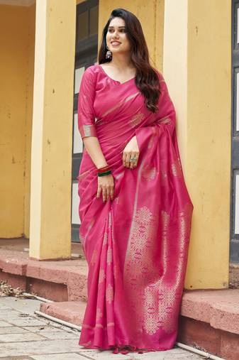 pink khadi silk blend fabric woven paithani pallu designer girlie trendy saree