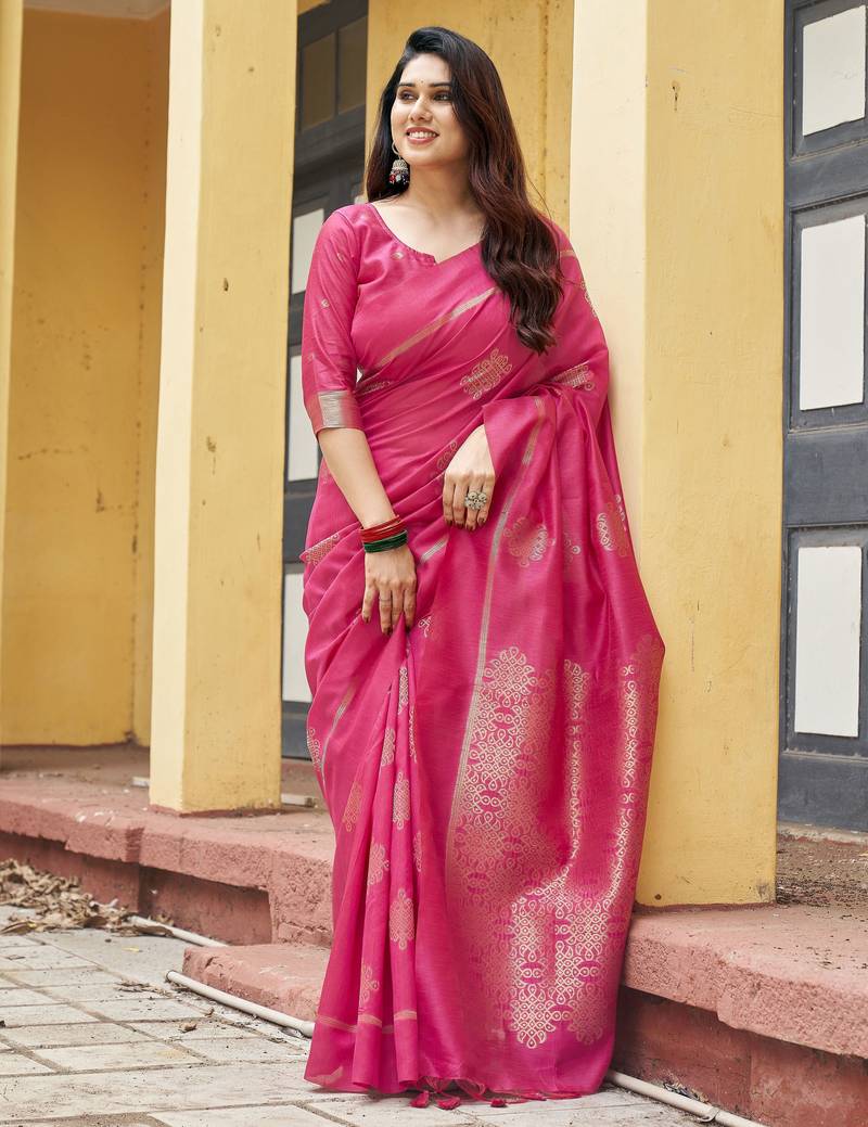 pink khadi silk blend fabric woven paithani pallu designer girlie trendy saree