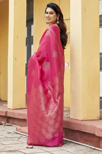 pink khadi silk blend fabric woven paithani pallu designer girlie trendy saree