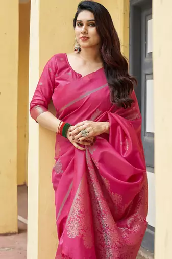pink khadi silk blend fabric woven paithani pallu designer girlie trendy saree