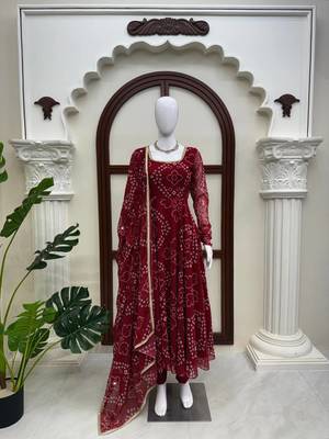 maroon color digital print and lace work faux georgette anarkali gown set 3
