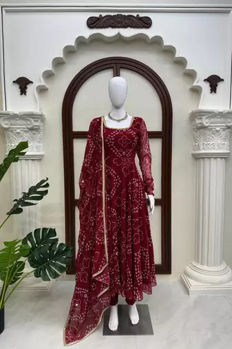 maroon color digital print and lace work faux georgette anarkali gown set