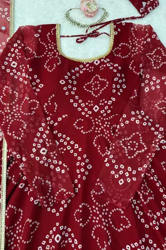 maroon color digital print and lace work faux georgette anarkali gown set