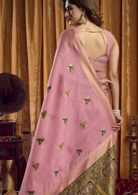 pink woven katha designer khadi cotton blend fabric graceful festive special saree 3