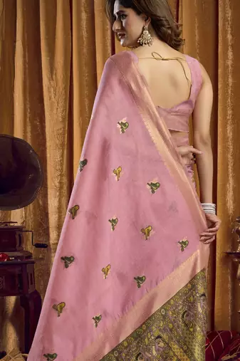 pink woven katha designer khadi cotton blend fabric graceful festive special saree