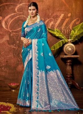 turquoise blue silk blend ethnic woven designer graceful partywear saree 1
