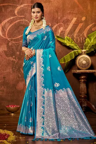 turquoise blue silk blend ethnic woven designer graceful partywear saree