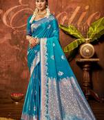 turquoise blue silk blend ethnic woven designer graceful partywear saree