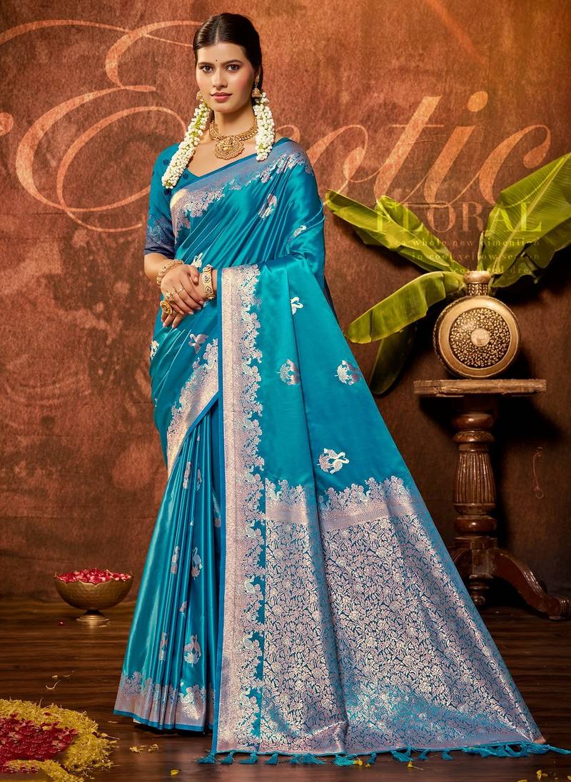turquoise blue silk blend ethnic woven designer graceful partywear saree