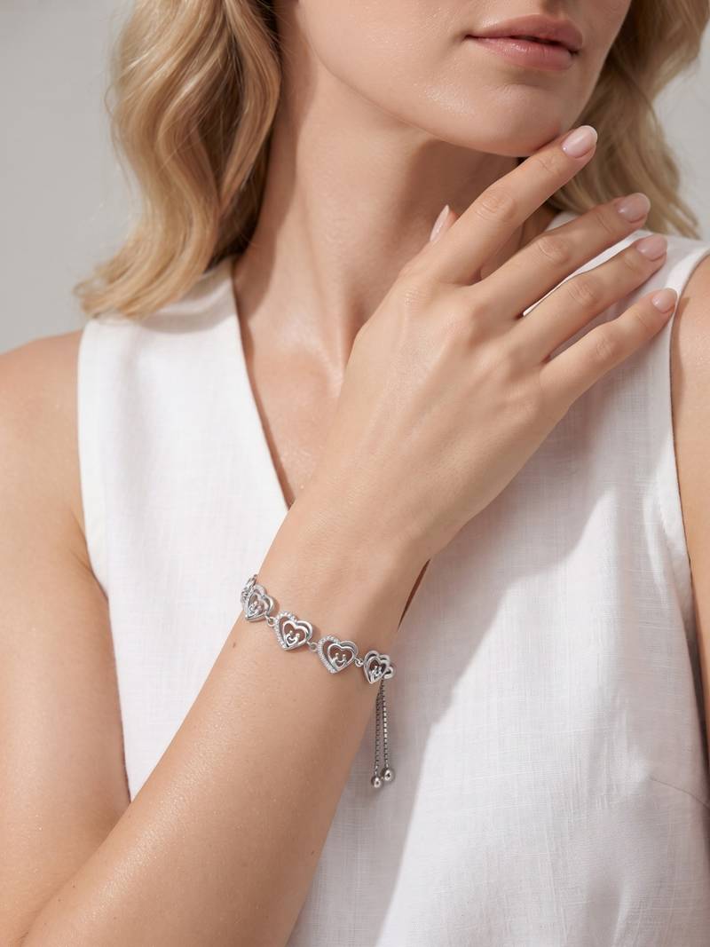 925 Sterling Silver Elegant Love Heart Charm  Adjustable Chain  Bracelet for Women 