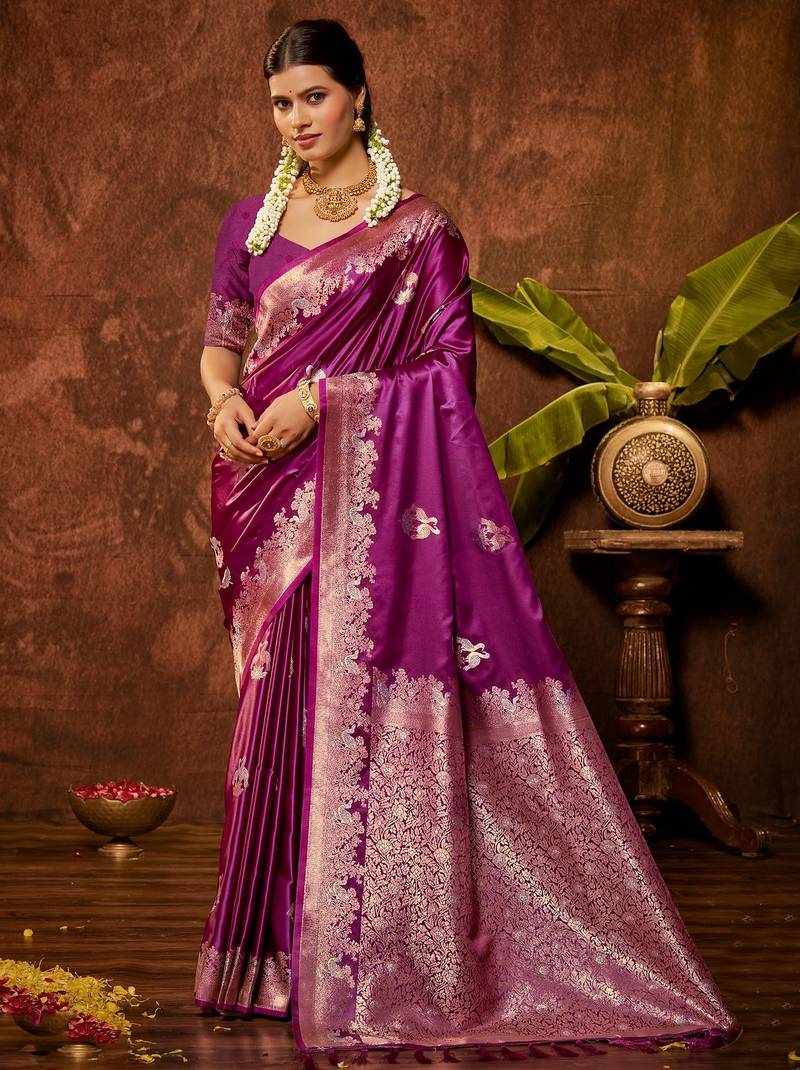 magenta silk blend ethnic woven designer graceful partywear saree