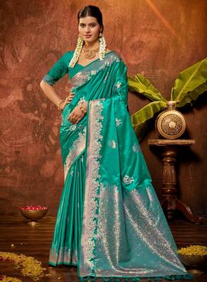 sea green silk blend ethnic woven designer graceful partywear saree 1