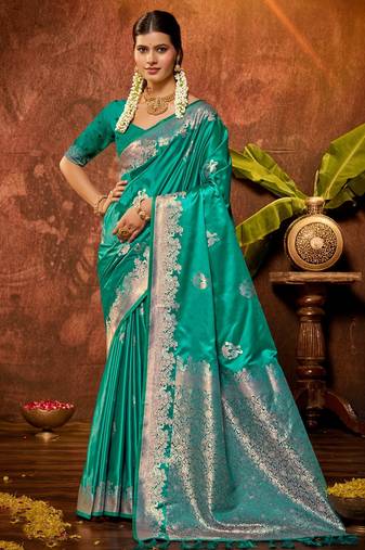sea green silk blend ethnic woven designer graceful partywear saree