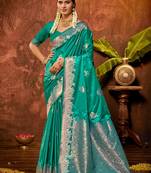 sea green silk blend ethnic woven designer graceful partywear saree