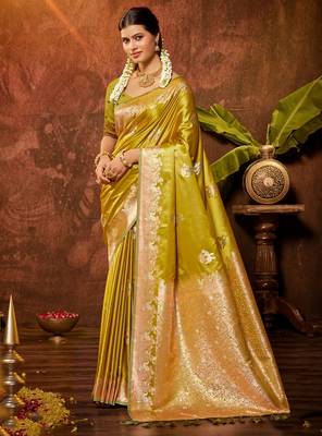 lime yellow silk blend ethnic woven designer graceful partywear saree 1