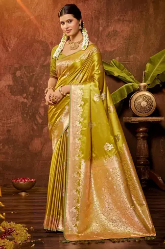 lime yellow silk blend ethnic woven designer graceful partywear saree