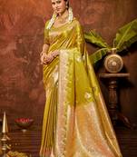 lime yellow silk blend ethnic woven designer graceful partywear saree