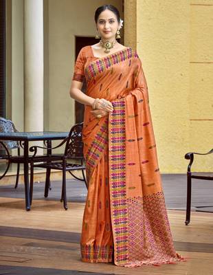 orange smart and elegant assam silk blend ethnic woven designer saree 1
